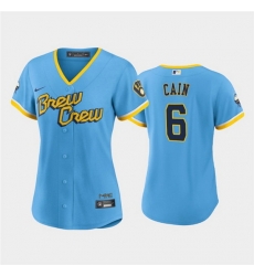 Women Milwaukee Brewers 6 Lorenzo Cain 2022 Powder Blue City Connect Cool Base Stitched Jersey