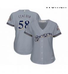 Womens Milwaukee Brewers 58 Alex Claudio Replica Grey Road Cool Base Baseball Jersey 