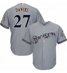 Youth Majestic Milwaukee Brewers 27 Zach Davies Authentic Grey Road Cool Base MLB Jersey 