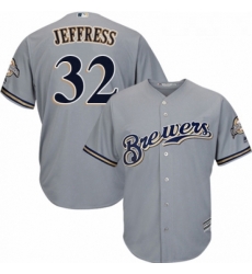 Youth Majestic Milwaukee Brewers 32 Jeremy Jeffress Replica Grey Road Cool Base MLB Jersey 