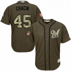 Youth Majestic Milwaukee Brewers 45 Jhoulys Chacin Replica Green Salute to Service MLB Jersey 