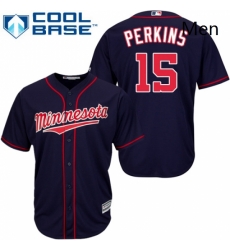 Mens Majestic Minnesota Twins 15 Glen Perkins Replica Navy Blue Alternate Road Cool Base MLB Jersey