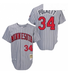 Mens Mitchell and Ness 1987 Minnesota Twins 34 Kirby Puckett Replica Grey Throwback MLB Jersey