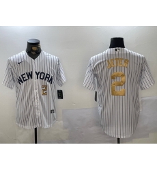 Men New York Yankees 2 Derek Jeter White Pinstripe Fashion Cool Base Jerseys