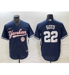 Men New York Yankees 22 Juan Soto Navy With Patch Cool Base Stitched Baseball Jersey