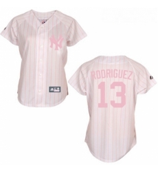 Womens Majestic New York Yankees 13 Alex Rodriguez Authentic WhitePink Strip MLB Jersey