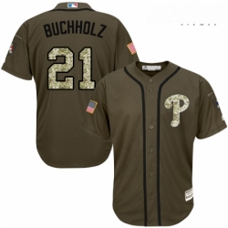 Mens Majestic Philadelphia Phillies 21 Clay Buchholz Authentic Green Salute to Service MLB Jersey 