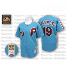 Mens Mitchell and Ness Philadelphia Phillies 19 Greg Luzinski Replica Blue Throwback MLB Jersey