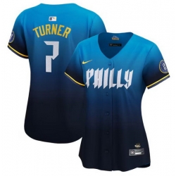 Women Philadelphia Phillies 7 Trea Turner Blue 2024 City Connect Limited Stitched Baseball Jersey