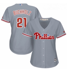 Womens Majestic Philadelphia Phillies 21 Clay Buchholz Replica Grey Road Cool Base MLB Jersey 