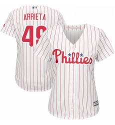 Womens Majestic Philadelphia Phillies 49 Jake Arrieta Authentic WhiteRed Strip Home Cool Base MLB Jersey 