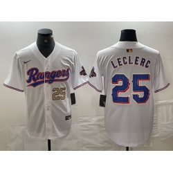 Men Texas Rangers 25 Jose Leclerc White Gold Cool Base Stitched Baseball Jersey 3