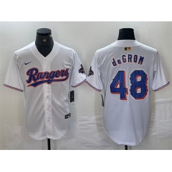 Men Texas Rangers 48 Jacob DeGrom White Gold Cool Base Stitched Baseball Jersey