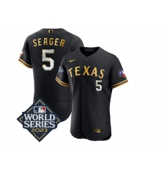 Men Texas Rangers 5 Corey Seager Black Gold 2023 World Series Flex Base Stitched Baseball Jersey