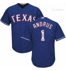 Mens Majestic Texas Rangers 1 Elvis Andrus Authentic Royal Blue Team Logo Fashion Cool Base MLB Jersey