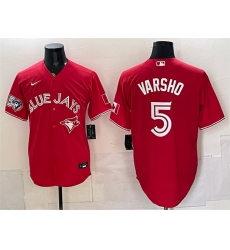 Men Toronto Blue Jays 5 Daulton Varsho Red 50 Seasons Patch Stitched Baseball Jersey Men Toronto Blue Jays 5 Daulton Varsho Red 50 Seasons Patch Stitched Baseball Jersey