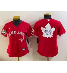 Women Toronto Blue Jays   Leafs Red With White Leafs Logo 50 Seasons Patch Stitched Baseball Jersey  