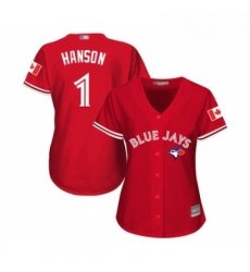 Womens Toronto Blue Jays 1 Alen Hanson Replica Scarlet Alternate Baseball Jersey 