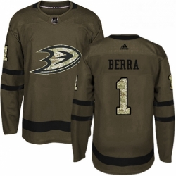 Mens Adidas Anaheim Ducks 1 Reto Berra Authentic Green Salute to Service NHL Jersey 