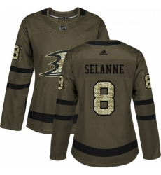 Womens Adidas Anaheim Ducks 8 Teemu Selanne Authentic Green Salute to Service NHL Jersey 