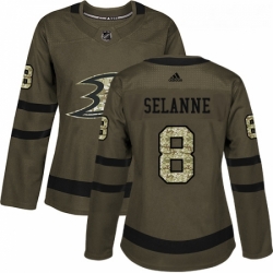 Womens Adidas Anaheim Ducks 8 Teemu Selanne Authentic Green Salute to Service NHL Jersey 