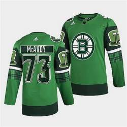 Men Boston Bruins 73 Charlie McAvoy 2022 Green St Patricks Day Warm Up Stitched jersey