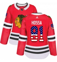 Womens Adidas Chicago Blackhawks 81 Marian Hossa Authentic Red USA Flag Fashion NHL Jersey 