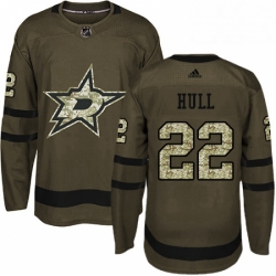 Mens Adidas Dallas Stars 22 Brett Hull Authentic Green Salute to Service NHL Jersey 