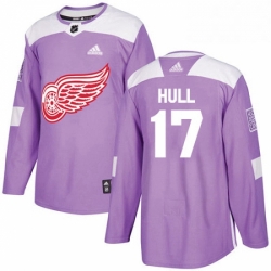 Mens Adidas Detroit Red Wings 17 Brett Hull Authentic Purple Fights Cancer Practice NHL Jersey 