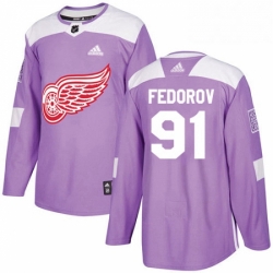 Mens Adidas Detroit Red Wings 91 Sergei Fedorov Authentic Purple Fights Cancer Practice NHL Jersey 