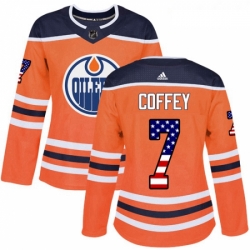 Womens Adidas Edmonton Oilers 7 Paul Coffey Authentic Orange USA Flag Fashion NHL Jersey 