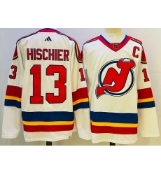 Men New Jersey Devils 13 Nico Hischier White 2022 23 Reverse Retro Stitched Jersey