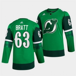 Men New jerseyy Devils 63 Jesper Bratt Green Warm Up St Patricks Day Stitched jersey