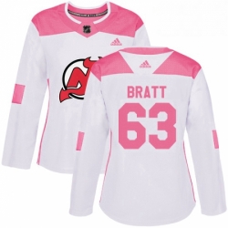 Womens Adidas New Jersey Devils 63 Jesper Bratt Authentic WhitePink Fashion NHL Jersey 