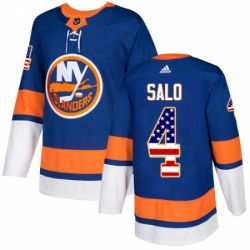 Mens Adidas New York Islanders 4 Robin Salo Authentic Royal Blue USA Flag Fashion NHL Jersey 