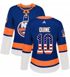 Womens Adidas New York Islanders 10 Alan Quine Authentic Royal Blue USA Flag Fashion NHL Jersey 