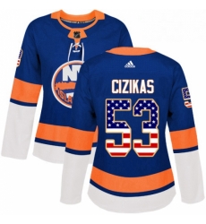 Womens Adidas New York Islanders 53 Casey Cizikas Authentic Royal Blue USA Flag Fashion NHL Jersey 