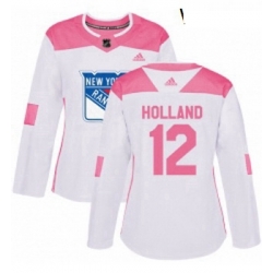 Womens Adidas New York Rangers 12 Peter Holland Authentic White Pink Fashion NHL Jersey 