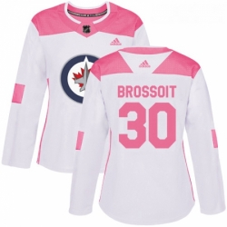 Womens Adidas Winnipeg Jets 30 Laurent Brossoit Authentic White Pink Fashion NHL Jersey 