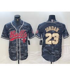 Men Chicago Bulls 23 Michael Jordan Gray Camo Cool Base Stitched Baseball Jersey 7