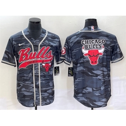 Men Chicago Bulls Gray Camo Team Big Logo Cool Base Stitched Baseball Jersey