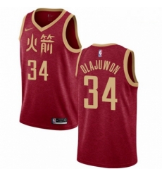 Mens Nike Houston Rockets 34 Hakeem Olajuwon Swingman Red NBA Jersey 2018 19 City Edition