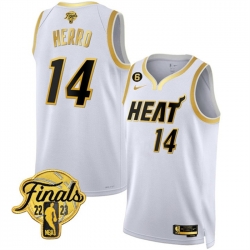 Men Miami Heat 14 Tyler Herro White Gold Edition 2023 Finals Collection With NO 6 Patch Stitched Basketball Jersey