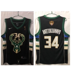 Men Bucks 34 Giannis Antetokounmpo Black Nike 2021 NBA Finals Champions Swingman Jersey