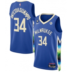 Men Milwaukee Bucks 34 Giannis Antetokounmpo Blue 2022 23 City Edition With NO 6 Patch Stitched Basketball Jersey