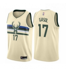 Mens Milwaukee Bucks 17 Pau Gasol Authentic Cream Basketball Jersey City Edition 