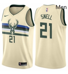 Mens Nike Milwaukee Bucks 21 Tony Snell Authentic Cream NBA Jersey City Edition 