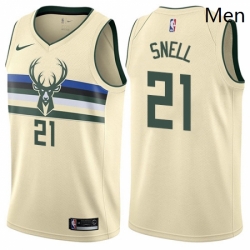 Mens Nike Milwaukee Bucks 21 Tony Snell Authentic Cream NBA Jersey City Edition 