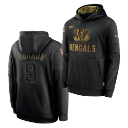 Men Cincinnati Bengals 9 Joe Burrow 2020 Salute To Service Black Sideline Performance Pullover Hoodie