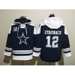 Men Dallas Cowboys 12 Roger Staubach Navy Ageless Must Have Lace Up Pullover Hoodie